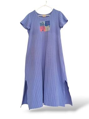 90s Lavender Midi Dress Embroidered Floral Patchwork Relaxed Casual Stretchy MED